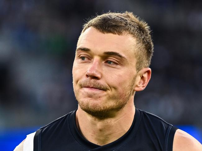 PERTH, AUSTRALIA - APRIL 29: Patrick Cripps of the Blues heads to the coin toss during the 2023 AFL Round 07 match between the West Coast Eagles and the Carlton Blues at Optus Stadium on April 29, 2023 in Perth, Australia. (Photo by Daniel Carson/AFL Photos via Getty Images)