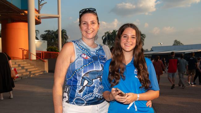 Kristine Priore and Hannah Priore at the 2024 AFL match between Gold Coast Suns and North Melbourne at TIO Stadium. Picture: Pema Tamang Pakhrin