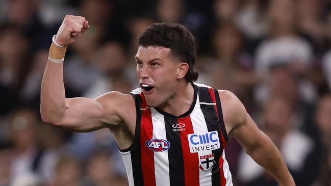 MELBOURNE, AUSTRALIA - AUGUST 25:  Rowan Marshall of the Saints celebrates a goal during the round 24 AFL match between Carlton Blues and St Kilda Saints at Marvel Stadium, on August 25, 2024, in Melbourne, Australia. (Photo by Darrian Traynor/Getty Images)