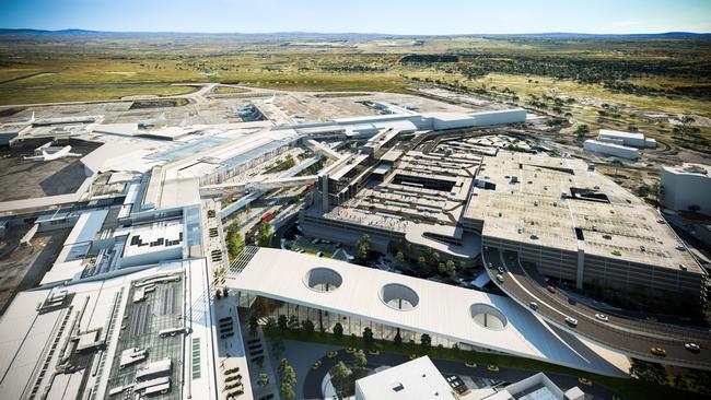 An artist's impression of Melbourne Airport with an underground rail station (bottom middle) as well as a new road link to its car parks. Source: Melbourne Airport