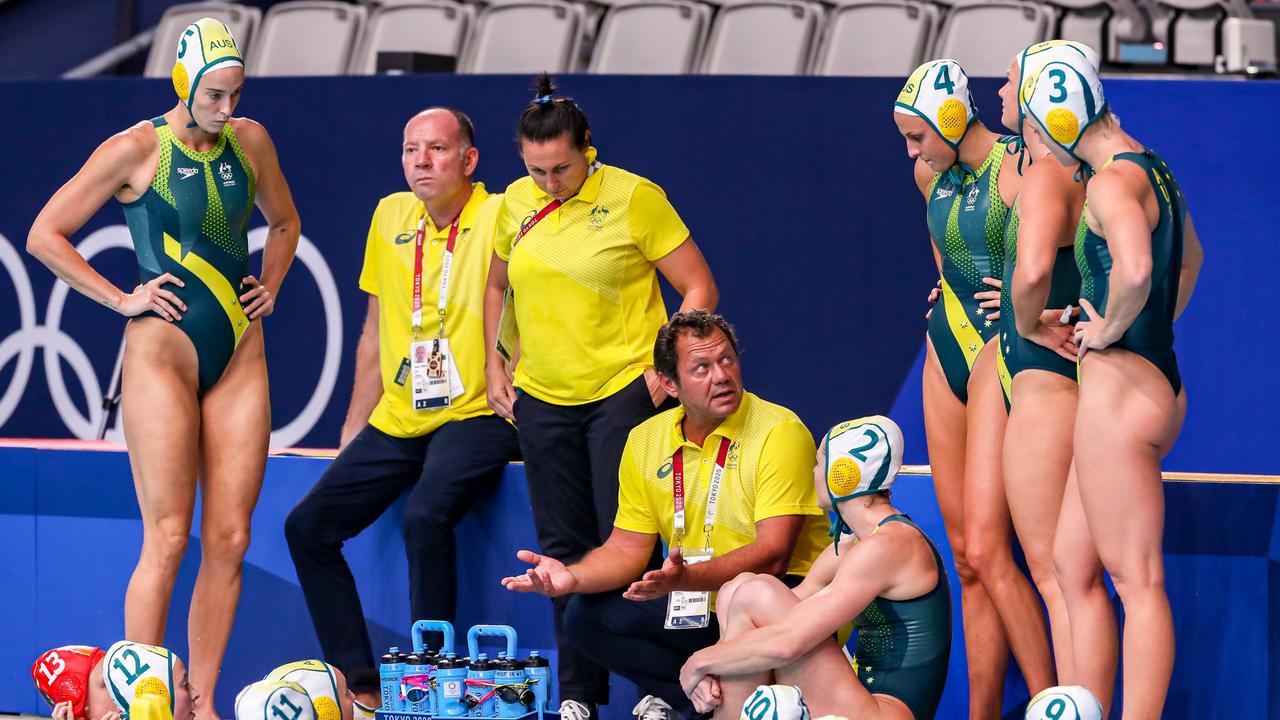 Australia’s head coach Predrag Mihailovic runs through the game plan. Picture: Getty Images