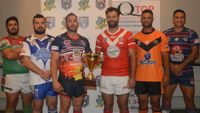 Rugby League Gold Coast season launch: Chris Rigney (Bilambil), Nick Harrold (Tugun), Jimmy Poland (Runaway Bay), Phil Ramage (Currumbin), Tu Whakatihi (Southport) and Jesse Malcolm (Ormeau). Picture: Supplied