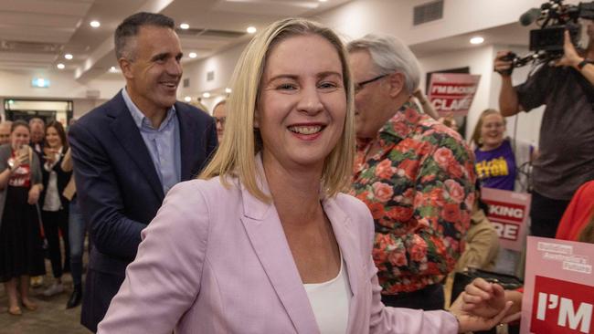 Victorious Labor candidate Claire Clutterham arrives with Senator Marielle Smith and South Australian Premier Peter Malinauskas after winning the seat of Sturt. Picture: Kelly Barnes