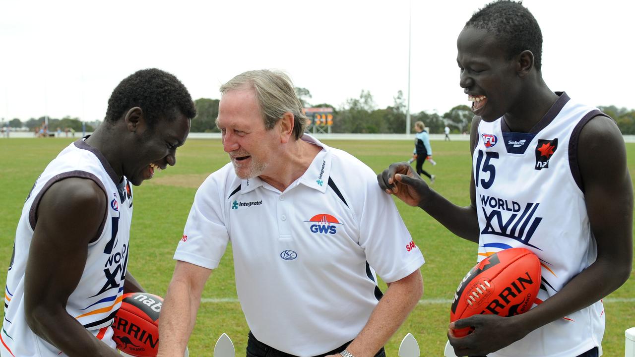 Aliir Aliir (right) with Kevin Sheedy at the national championships.