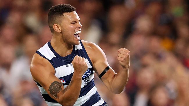 Brandan Parfitt celebrates Geelong's first goal. Picture: Michael Klein