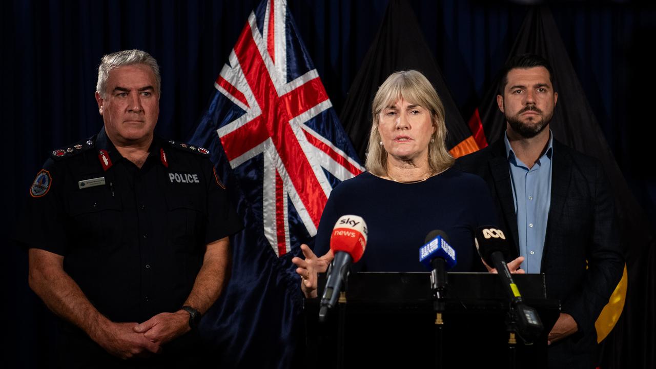 Police Commissioner Michael Murphy, Chief Minister Eva Lawler and Police Minister Brent Potter handing down the Kelly police review. Picture: Pema Tamang Pakhrin