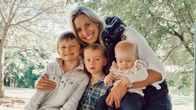 Laura Geitz with her children, Barney, Franky and Billie Mae in May 2021. Picture: Supplied @lmgeitz