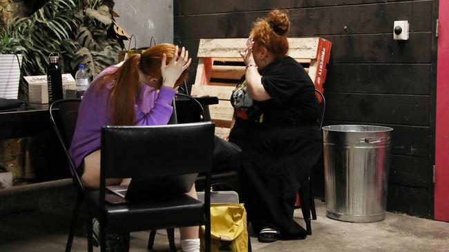 Sydney Theatre Company cast members (left-right) Mabel Li and Megan Wilding at the stage door of the Roslyn Packer Theatre, Sydney. Picture: Jane Dempster