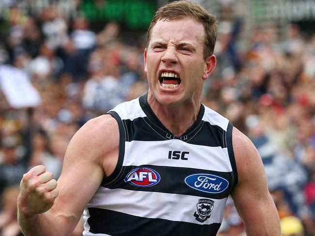 AFL Round 23 - Geelong v Adelaide at Simonds Stadium , Steve Johnson celebrate's a goal. Geelong.  5th August 2015. Picture: Colleen Petch.