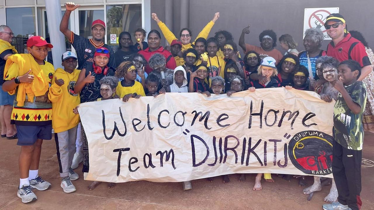 Dhupuma Barker School's Djirikitj Firebirds received a warm welcome when they returned to East Arnhem Land. Picture: Supplied