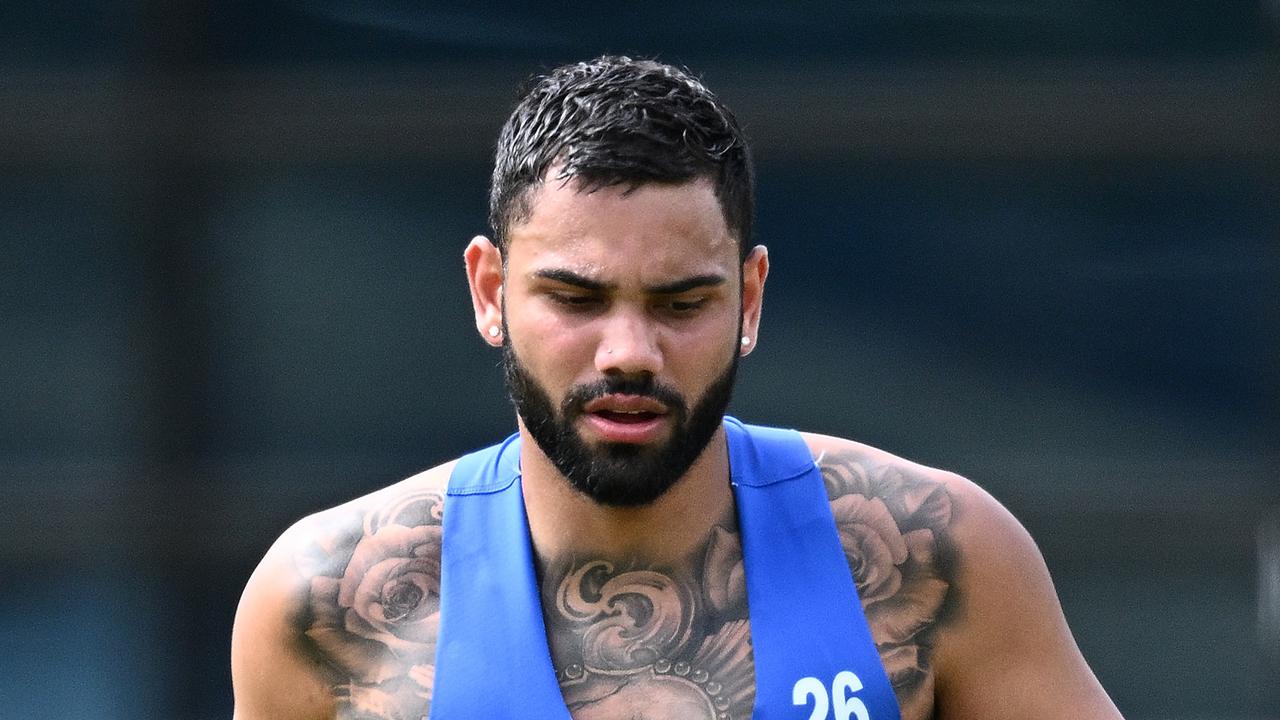 MELBOURNE, AUSTRALIA - NOVEMBER 17: Tarryn Thomas of the Kangaroos runs during a North Melbourne Kangaroos AFL training session at Arden Street Ground on November 17, 2023 in Melbourne, Australia. (Photo by Quinn Rooney/Getty Images via AFL Photos)