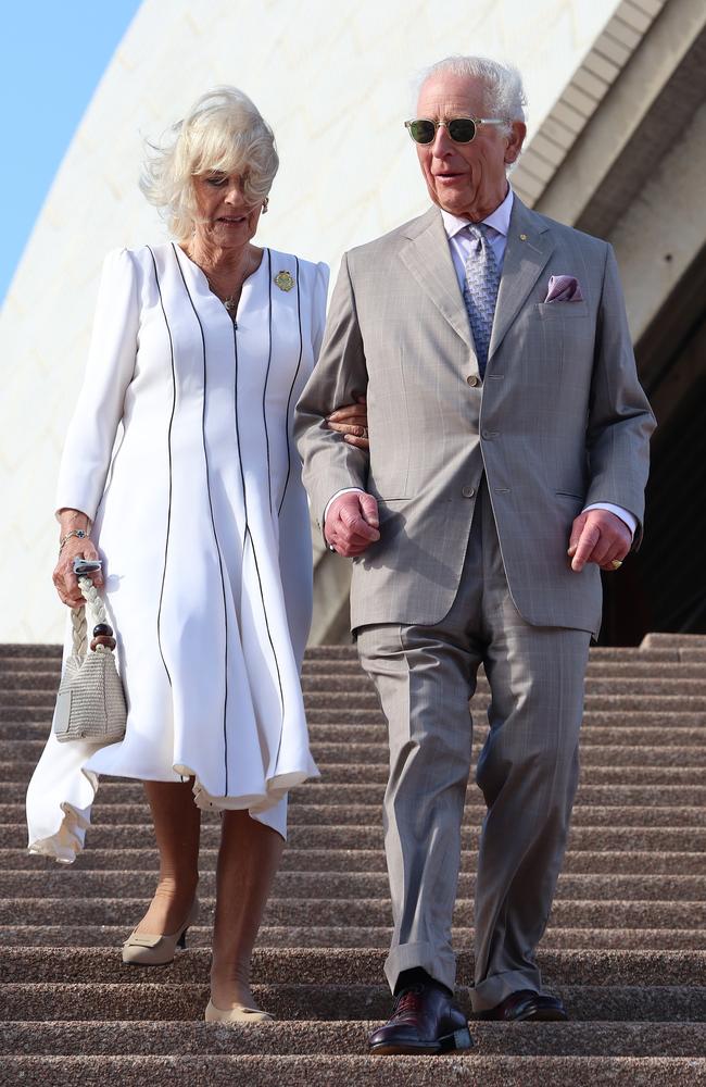 The Royal couple walk down the steps at the Sydney Opera House. Picture: Chris Jackson/Getty Images