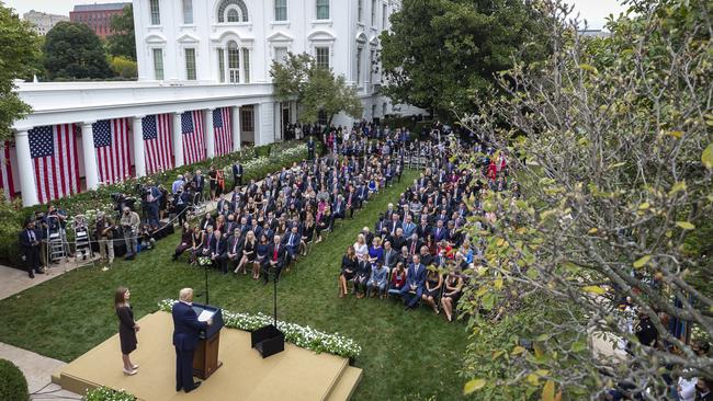 Maskless mingling was rife at a White House party last weekend. Now the president, his wife and six others who were there have COVID-19. Picture: White House/Amy Rossetti