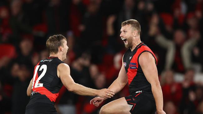 Jake Stringer (right) was electric up forward. Picture: Michael Klein