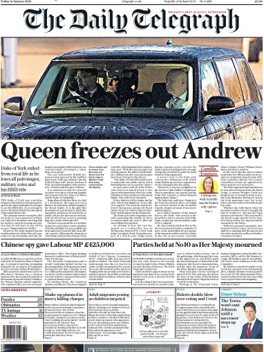 English newspapers reacting to Prince Andrew being stripped of his military and royal titles.