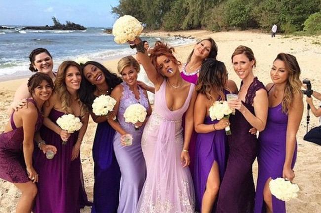 Image credit: Instagram.com/badgalririRihannaRiRi was one of many bridesmaids (in various shades of purple) chosen to walk the aisle for her assistant Jennifer Rosale's April 2015 wedding. The star was also a bridesmaid at her friend Sonita Alexander's wedding in Barbados on August 18, 2018. You can see the singer in her vivid blue bridesmaid gown here.