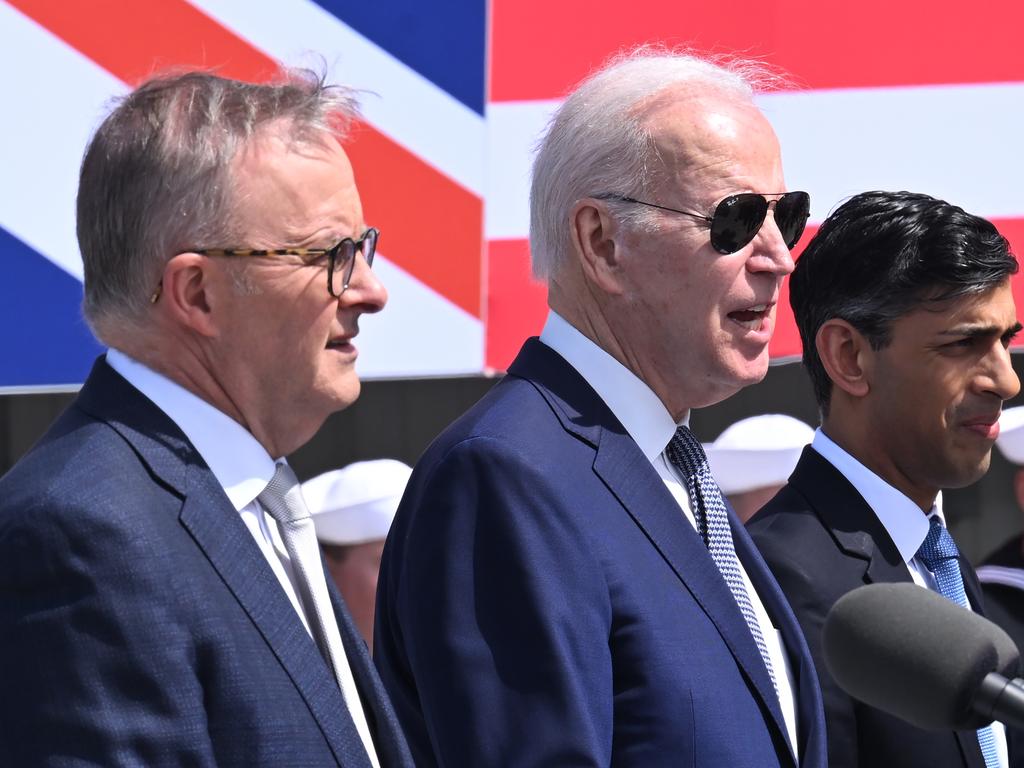 Prime Minister Anthony Albanese and US President Joe Biden unveiled the details of the AUKUS nuclear submarine plan alongside UK Prime Minister Rishi Sunak. Picture: Leon Neal/Getty Images