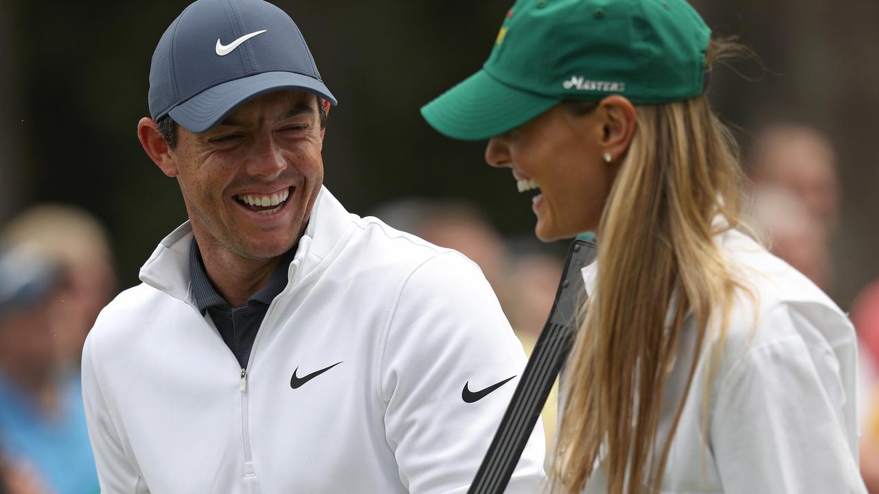 McIlroy and Stoll in happier times during the Par 3 Contest prior to the start of the 2018 Masters Tournament at Augusta National Golf Club. (Photo by Patrick Smith/Getty Images)