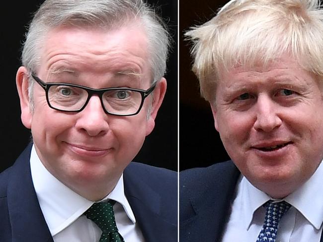 A combination of pictures created in London on May 26, 2019 shows recent pictures of declared contenders to replace Britain's Prime Minister Theresa May when she resigns on June 7: Britain's Environment, Food and Rural Affairs Secretary Michael Gove (L) and former foreign secretary Boris Johnson (R) both pictured leaving 10 Downing Street, central London. - The race to become Britain's next premier  heated up on May 26, 2019 as Environment Secretary Michael Gove joined an already crowded field of hopefuls with competing visions of how to finally pull their divided country out of the EU. Gove's bid for the leadership in the aftermath of the 2016 Brexit referendum scuppered the chances of his one-time ally Boris Johnson, who is also running this time around and is seen as the current favourite. (Photo by STF / AFP)