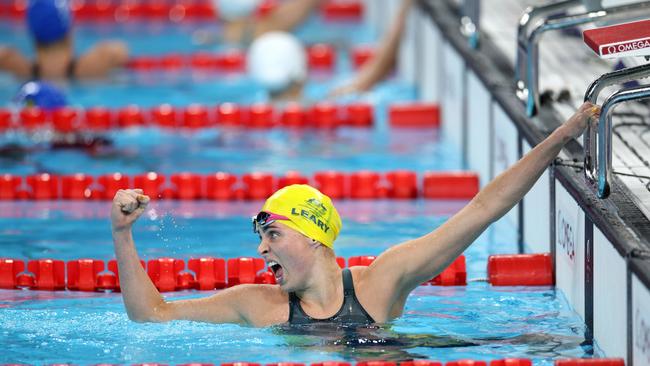 Alexa Leary of Team Australia reacts after setting a new world record during the Para Swimming Women's 100m Freestyle S9 Heats. (Photo by Adam Pretty/Getty Images)