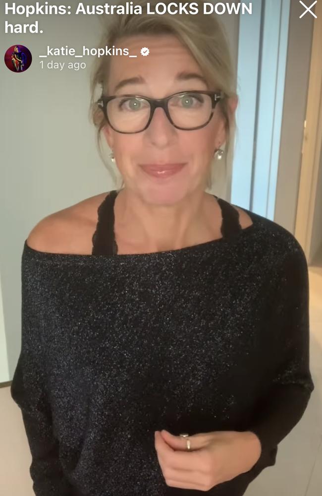 Katie Hopkins criticised harsh lockdowns as she quarantined in Sydney.