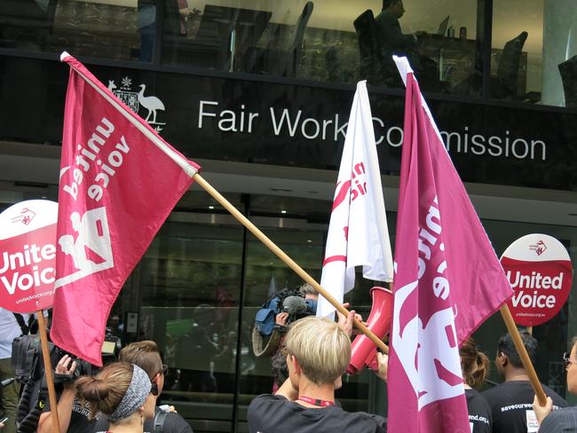 Protests erupted after the announcement as protesters marched to the Fair Work Commission. Picture: AAP