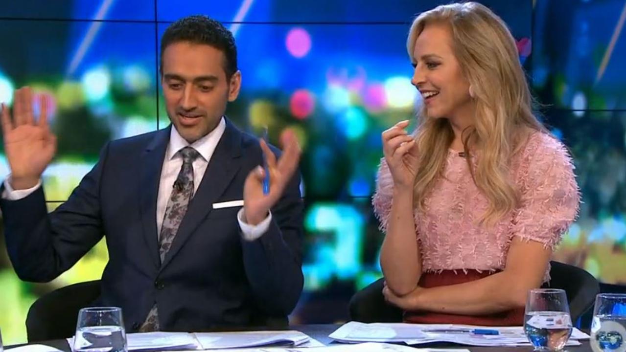 At one point, Carrie Bickmore pushed Waleed Aly to asked about Nicole’s lyrics in an awkward back-and-forth. Picture: Channel 10.