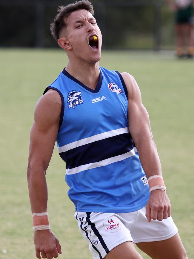 WRFL: Point Cook Centrals’ Daniel Strnak celebrates a goal. Picture: George Sal