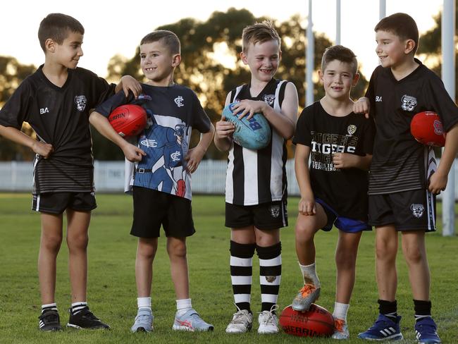 Kellyville Magpies juniors from left Kais Elsoufi, 7, Zac Gardiner, 7, Jackson Madden, 7, Bryce Madden, 7, and Jake Gardiner, 9.