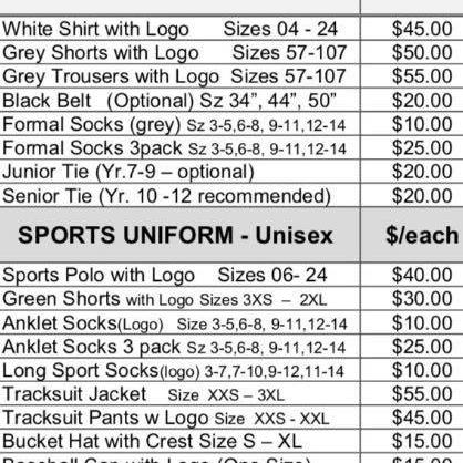 An order list for Kenmore State High School uniforms which includes a pair of logo sports socks for $10 or three pairs for $25. Pic: Kenmore State High School