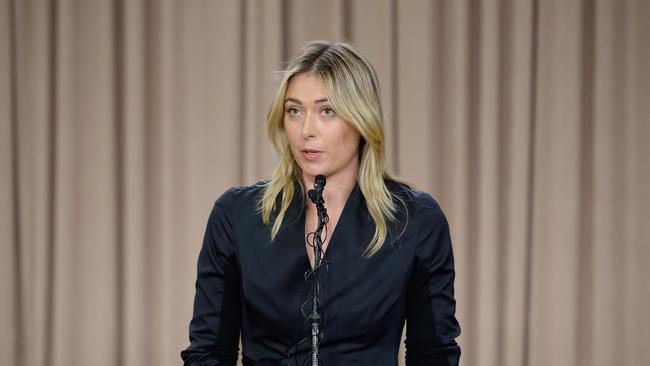 LOS ANGELES, CA - MARCH 07: Tennis player Maria Sharapova addresses the media regarding a failed drug test at The LA Hotel Downtown on March 7, 2016 in Los Angeles, California. Sharapova, a five-time major champion, is currently the 7th ranked player on the WTA tour. Sharapova, withdrew from this weekÂ’s BNP Paribas Open at Indian Wells due to injury. (Photo by Kevork Djansezian/Getty Images)