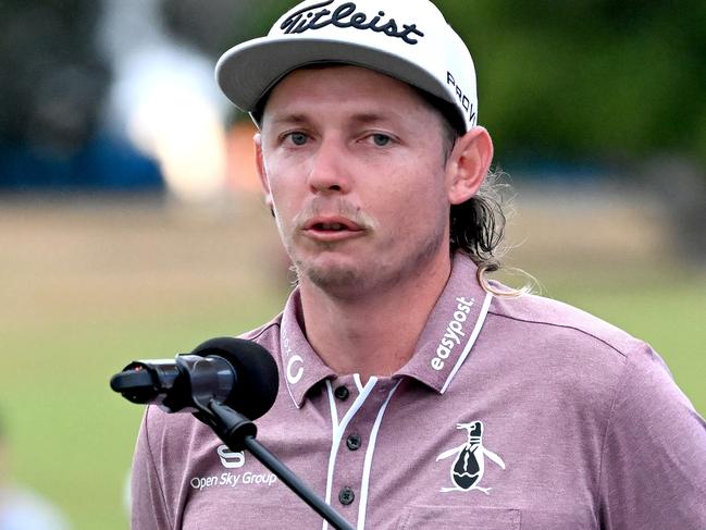 BRISBANE, AUSTRALIA - NOVEMBER 27: Cameron Smith of Australia shows his emotions as he speaks about his Grandmother Carol during Day 4 of the 2022 Australian PGA Championship at the Royal Queensland Golf Club on November 27, 2022 in Brisbane, Australia. (Photo by Bradley Kanaris/Getty Images)