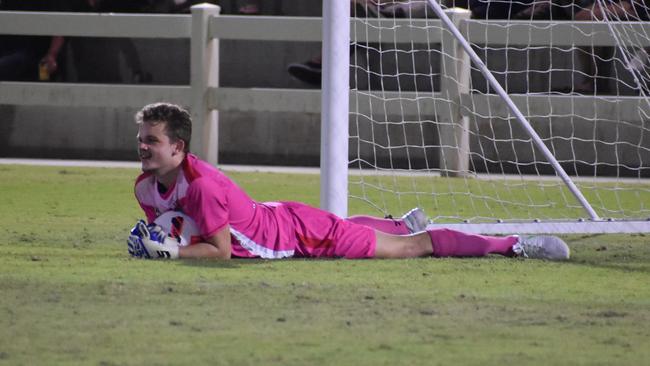 Ethan Reed's spectacular save in the Magpies Crusaders v Sunshine Coast Fire in the FQPL1 at Sologinkin Oval. Saturday, March 19, 2022. Picture: Tara Miko