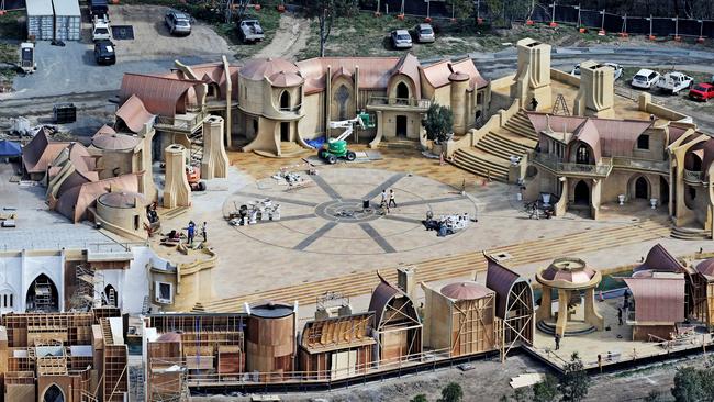 The Asgard Piazza set under construction on the backlot at Village Roadshow Studios. Picture: Luke Marsden.