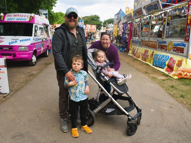 Attendees enjoying the 159th Sale Agricultural Show at the Sale Showgrounds on Friday, November 01, 2024: Chris Schmidt, James, Josephine and Daina Schmidt. Picture: Jack Colantuono