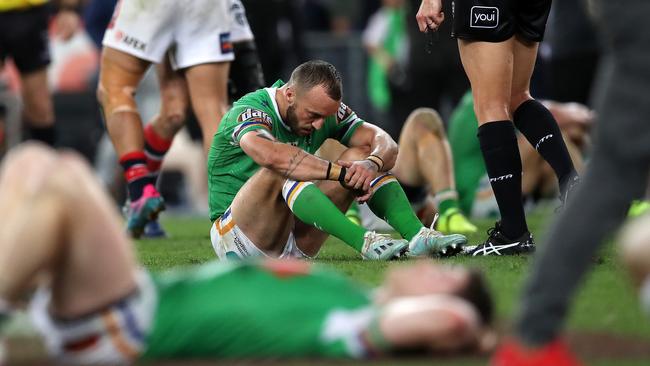 Josh Hodgson and his Raiders teammates react after full-time. Picture. Phil Hillyard