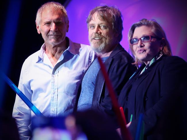 Harrison Ford, Mark Hamill and Carrie Fisher reunited for Star Wars: The Force Awakens in 2015. Picture: Jesse Grant/Getty Images for Disney