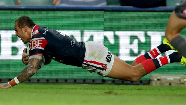 Rooster Blake Ferguson scores his second try against the Panthers at Allianz Stadium. Picture: Gregg Porteous.
