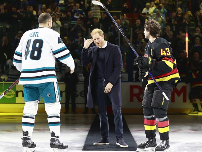 Prince Harry appeared to thoroughly enjoy the moment. Picture: NHLI via Getty Images