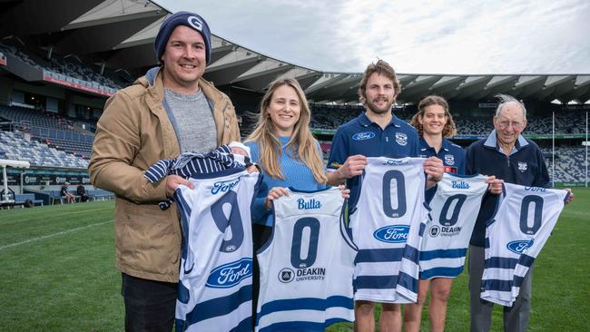 Geelong Cats have reached 90000 members. Jack and Olivia Hallett, Bianca Taylor, Tom Atkins, Nina Morrison and Keith Grigg. Picture: Brad Fleet