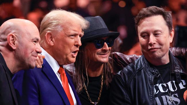 Ultimate Fighting Championship CEO Dana White, US President-elect Donald Trump, singer Kid Rock and Tesla and SpaceX CEO Elon Musk at the UFC 309 at Madison Square Garden in New York. Picture: Kena Betancur / AFP