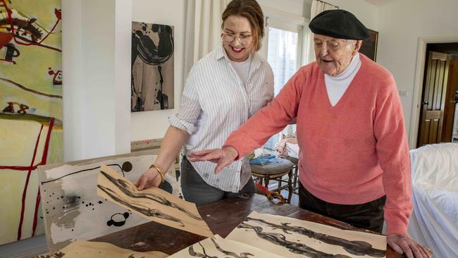 Artist John Olsen, with his daughter Louise, in his NSW southern highlands studio provides drawing classes to local artists on a monthly basis. Picture: Ken Redpath.