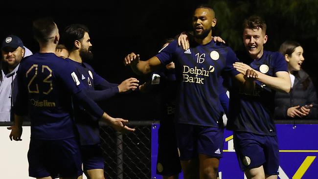 Nicolas Niagioran celebrates his second goal for Oakleigh Cannons.