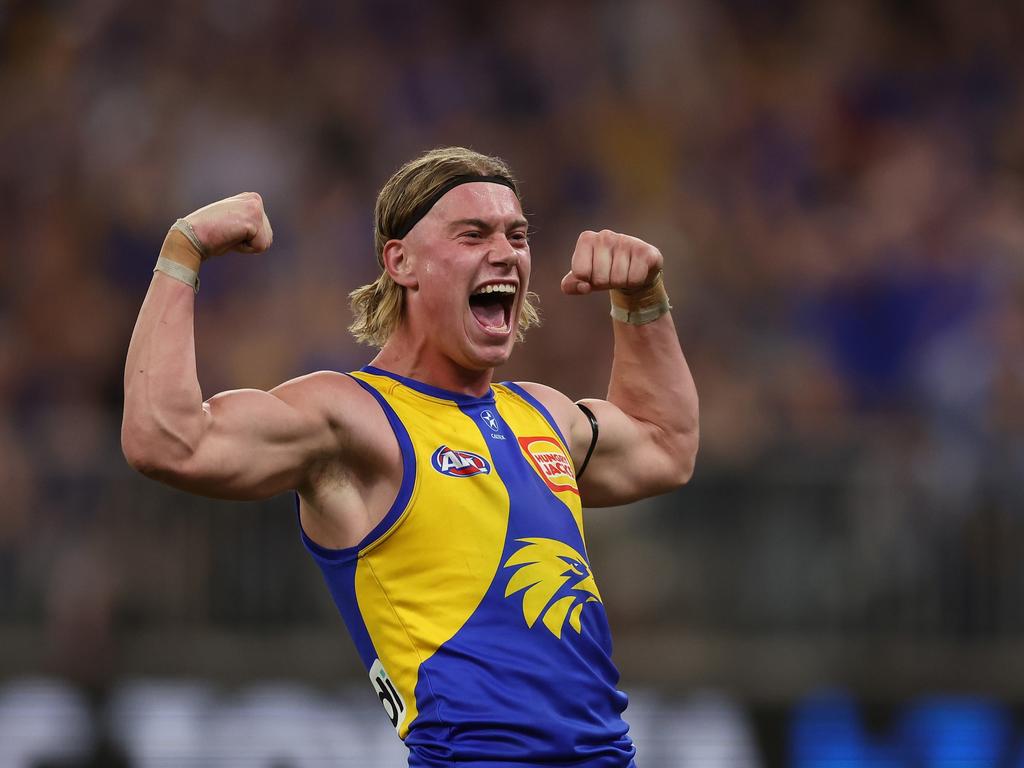 Harley Reid celebrates after kicking a goal in the derby on Saturday night. Picture: Will Russell/AFL Photos via Getty Images.