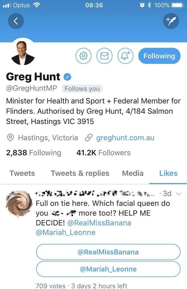 Federal Minister for Health, Greg Hunt's Twitter page showing the ‘like’ made of a porn page.