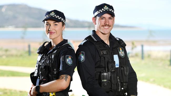 First year constable Dakotah Camin and Police recruit Dean Lee, ahead of the Townsville Academy open day. Picture: Shae Beplate.