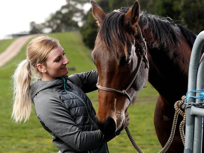 28/07/17 Jockey Jamie Kah at her Echunga home with horse Buddy. Jamie has had the most wins in a season by a female jockey in Australian racing history. photo Calum Robertson