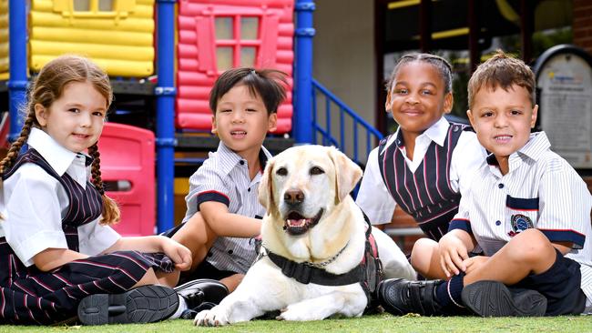 Prep students Ivy, Alexander, Amy, Lucas and George (support dog) on their first day at school at The Lakes College. Picture: John Gass