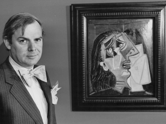 Director of the National Gallery in Victoria Patrick McCaughey, pictured with the Weeping Woman after it was unveiled at the gallery in 1985. Picture: HWT Library.