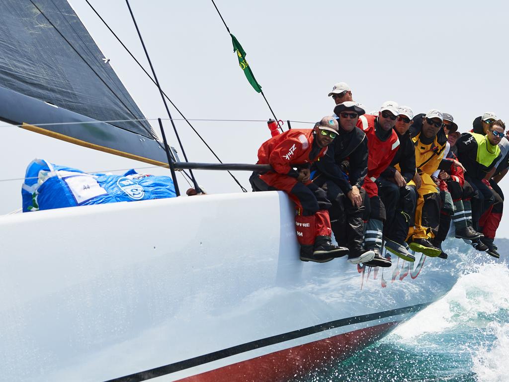 The crew of Gweilo sail out of Sydney Harbour during the 2019 Sydney to Hobart on December 26, 2019 in Sydney, Australia. (Photo by Brett Hemmings/Getty Images)